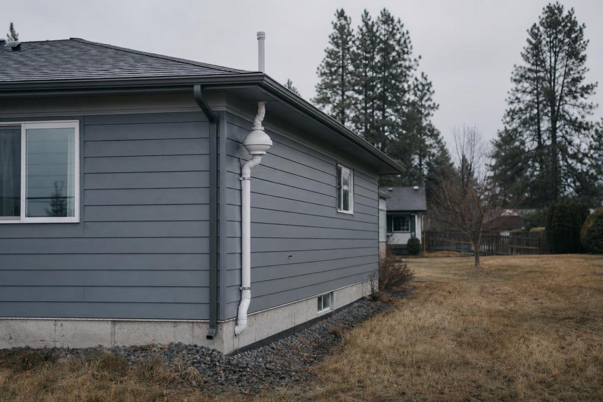 Radon mitigation vent pipe installed on the exterior of a home in Spokane, WA