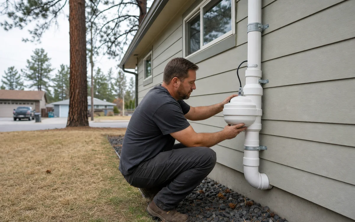 Technician checking an exterior radon mitigation fan and vent on a Spokane home
