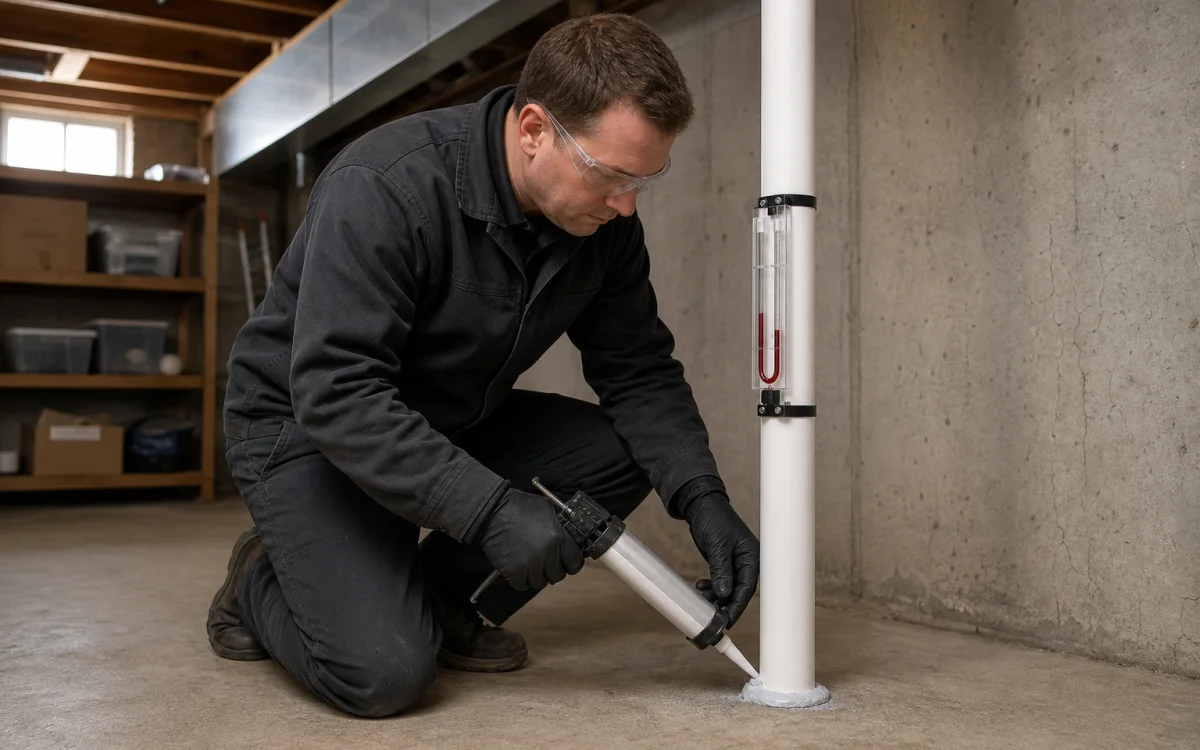 Technician sealing a slab suction point beside a radon system manometer in a Spokane basement