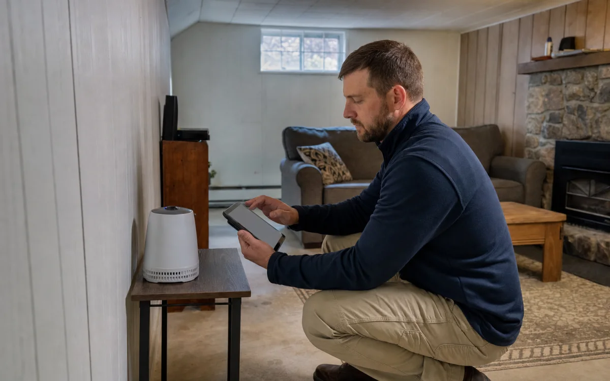 Technician placing a continuous radon monitor in the lowest lived-in level of a Spokane home